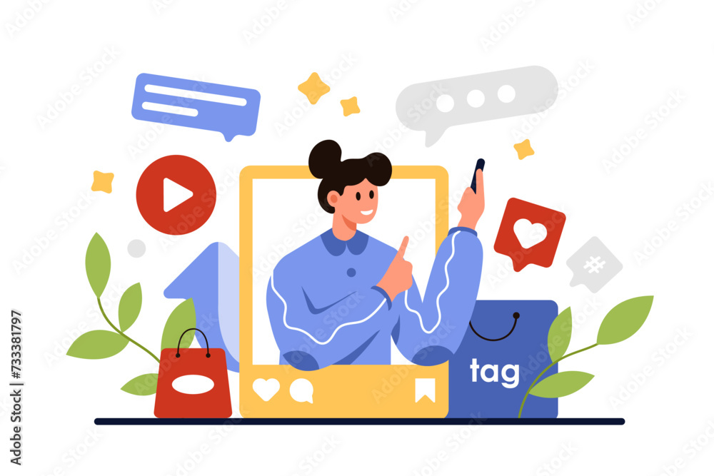 Brand marketing campaign, influence of ambassadors opinion on public audience. Tiny woman advertising creative product in social media post or magazine for sales growth cartoon vector illustration
