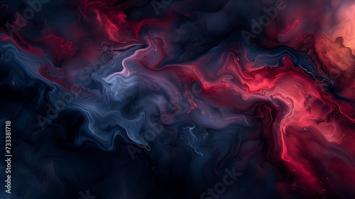 Fluid sweeps of radiant crimson and electric indigo blending seamlessly, creating a dynamic and energetic abstract expression on a canvas painted in deep, rich black. 