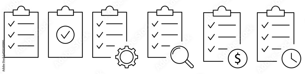 Clipboard icon set. Checklist with gear, checkmarks, magnifier, dollar and time. Checklist symbols. Vector illustration