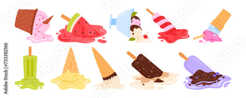 Fallen ice cream set. Popsicle soft balls drop down and melt on floor, strawberry and mint sundae with chocolate and candy in waffle cone, summer dessert drop mistake cartoon vector illustration