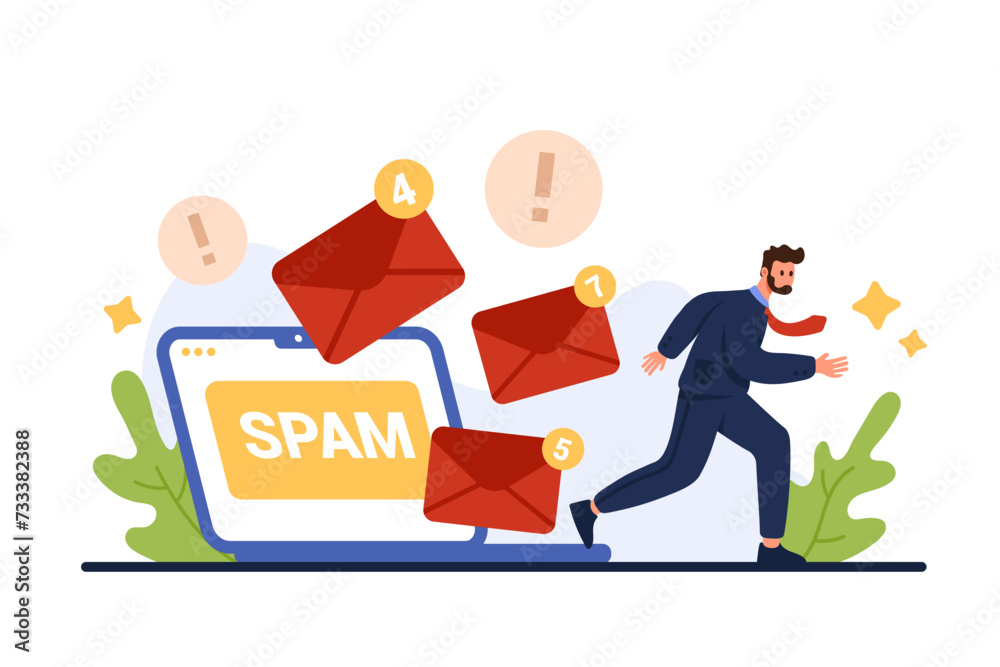 Email spam overload, many junk mails and marketing letters reduce efficiency and productivity of businessman. Tiny man with tie running away in stress from flying envelopes cartoon vector illustration - obrazy, fototapety, plakaty 