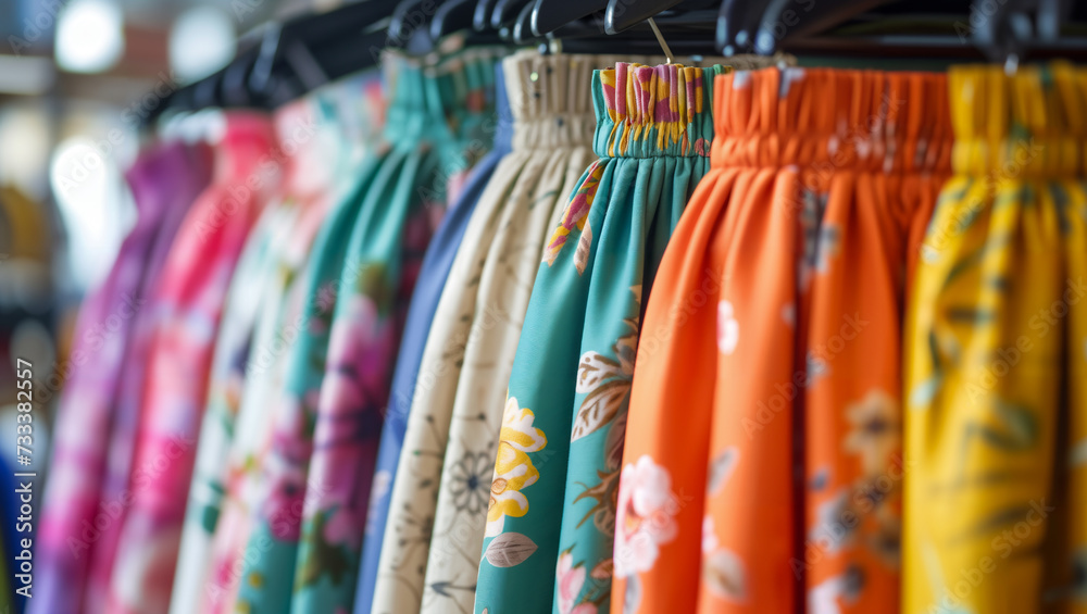 Vibrant display of skirts on hangers in a textile retail setting