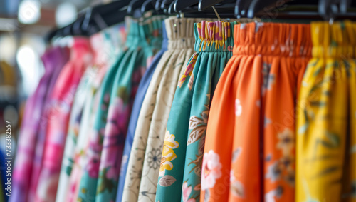 Vibrant display of skirts on hangers in a textile retail setting