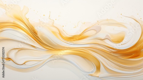 A high-definition capture of a luxurious abstract scene with white and golden liquid merging in a mesmerizing wavy pattern.