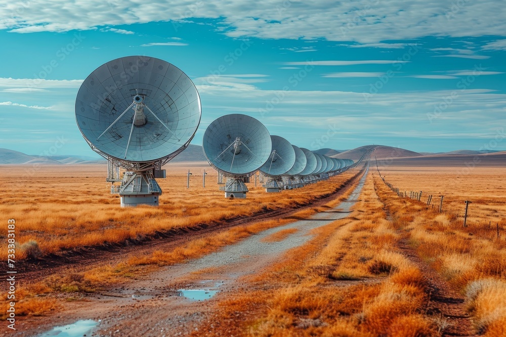 A field with large satellite antennas. The concept of communication with space