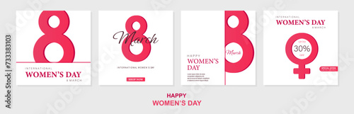 Set of posters or banners with Women's day. 8 March. Special offer 30% discount. Background for sale. Happy Women's day header or voucher template.