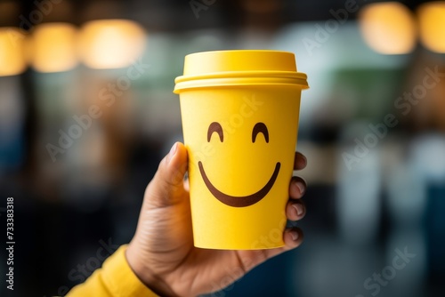 Smiling hands holding a vibrant blue coffee cup to counter the blue monday concept of feeling down photo
