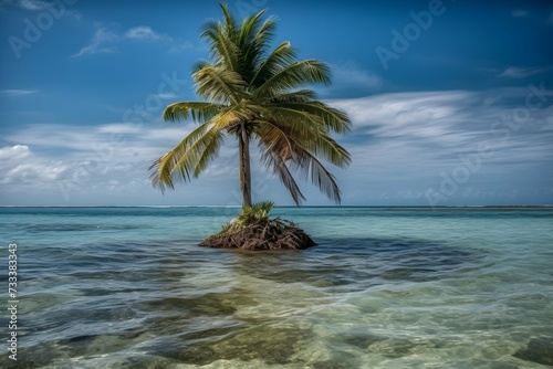 Seaside Serenity A Lone Palm Tree on a Tiny Tropical Island, Blue Sky as the Backdrop