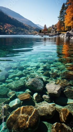 An image capturing the beauty of a peaceful body of water surrounded by rocks and trees, creating a tranquil atmosphere.