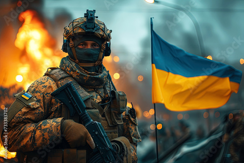Ukrainian soldier. Ukrainian in army. Ukrainian flag on military uniform. photo