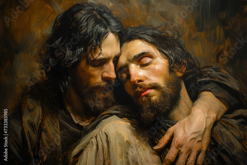 Religious Christian art depicting Jesus Christ hugging and comforting a men - artistic painting style