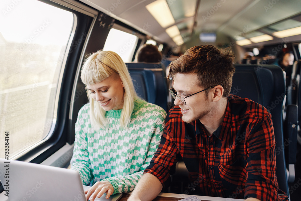 A young hipster couple is sitting in a train and looking at the laptop.