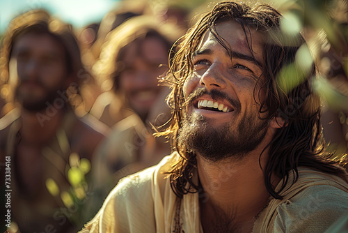 Portrait of Jesus christ smiling . Catholicism in religion in christ
