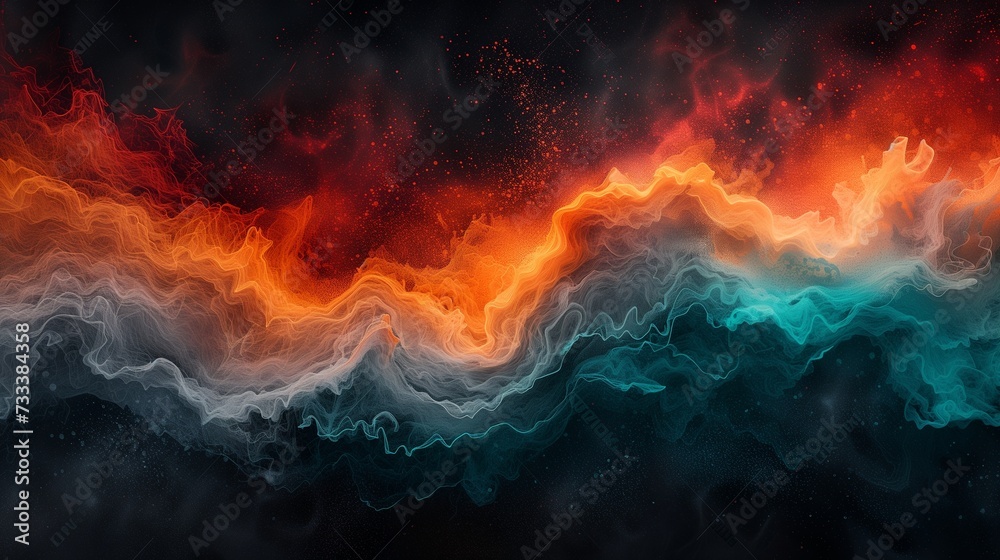 Radiant bursts of fiery vermilion and cosmic teal merging seamlessly, creating a captivating interplay of energy on an expansive canvas of abstract black. 