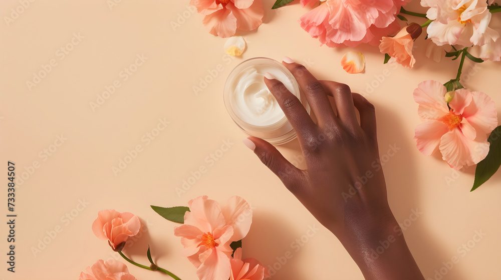 Female black hand with cosmetic jar cream and peach flowers. Advertising anti-aging cosmetics. Top view, copy space Female black hand with cosmetic jar cream and peach flowers. Advertising anti-aging cosmetics. Top view, copy space