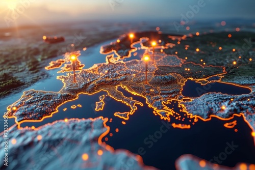 Macro photography of placemarks over the main capitals of the European continent. A map of Europe in neon light with markers. 3d illustration photo