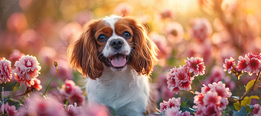 banner of cute cavalier king charles spaniel dog on the spring flowers background