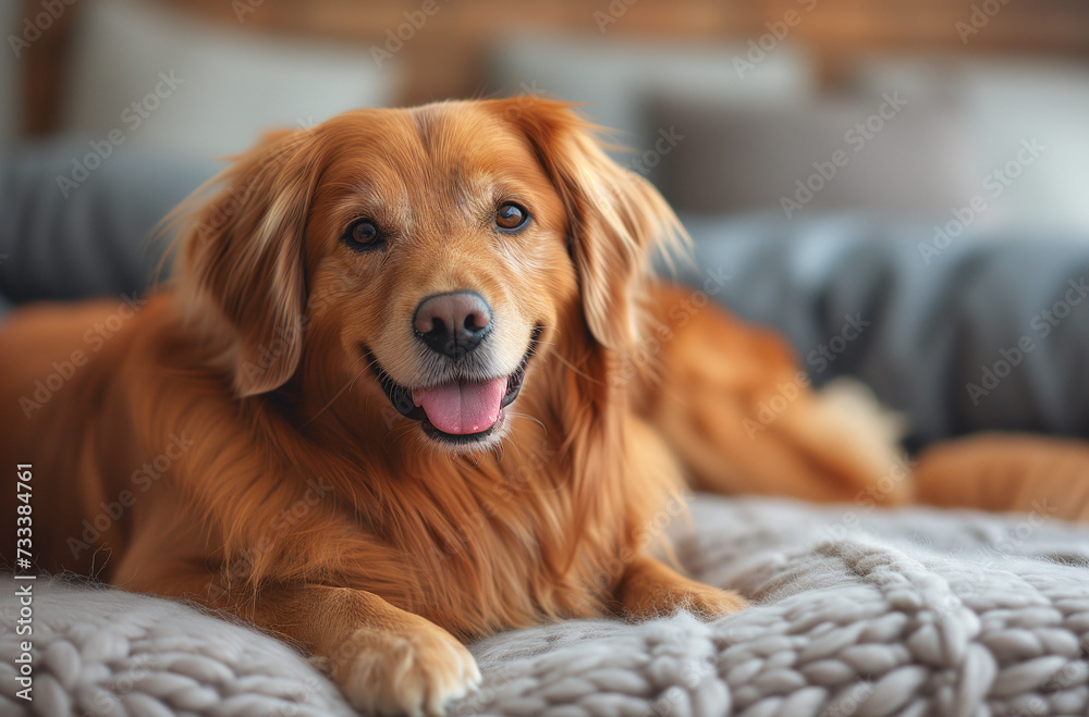 A cute retriever, a happy and adorable domestic pet, lies contentedly, embodying the essence of canine companionship.