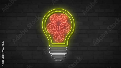 Glowing neon line Light bulb with concept of idea icon isolated on brick background. Smart and idea symbol. Inspiration concept. 4K Video motion graphic animation.