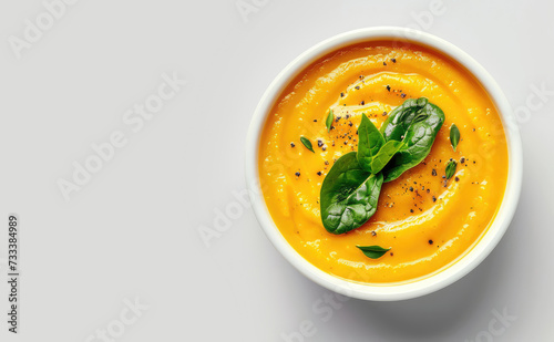 Top view of creamy orange vegetable soup made by carrot or pumpkin. Fresh green basil leaves on the top of soup. Copy space for text, message, logo. Concept of healthy food, eating, diet