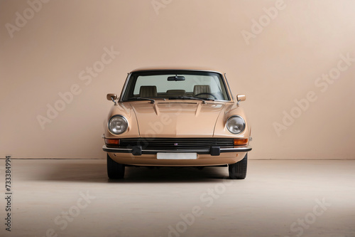 A classic beige car on a colored background, retro concept of historic cars.