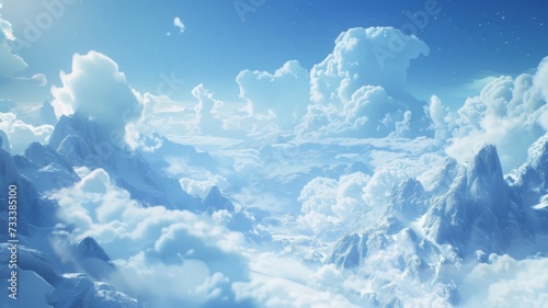 Majestic snow-covered mountains rise beneath a serene blue sky, flanked by billowy clouds