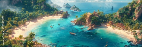 Aerial view of a hidden tropical bay with crystal blue waters, white sandy beaches, and a cliffside temple amidst lush foliage