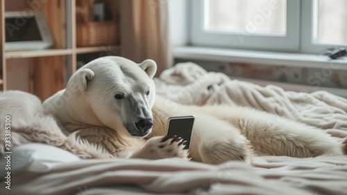 Whimsical image of a polar bear lying on a bed, engrossed in a smartphone, with human-like leisure and curiosity.