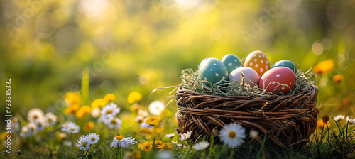 Easter eggs in the nest on green boke background, holiday time, copy space for text  © Kateryna Kordubailo
