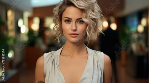 Beautiful model girl with short hair .Beauty smiling woman with blonde curly hairstyle dye .Fashion