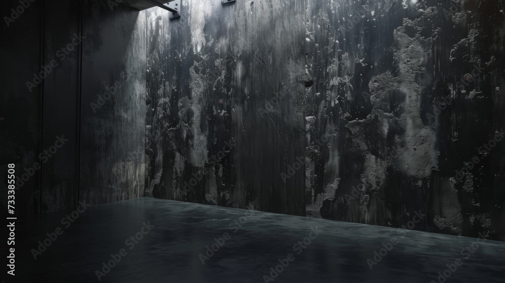 A dark, weathered wall in an industrial setting, with a smooth floor