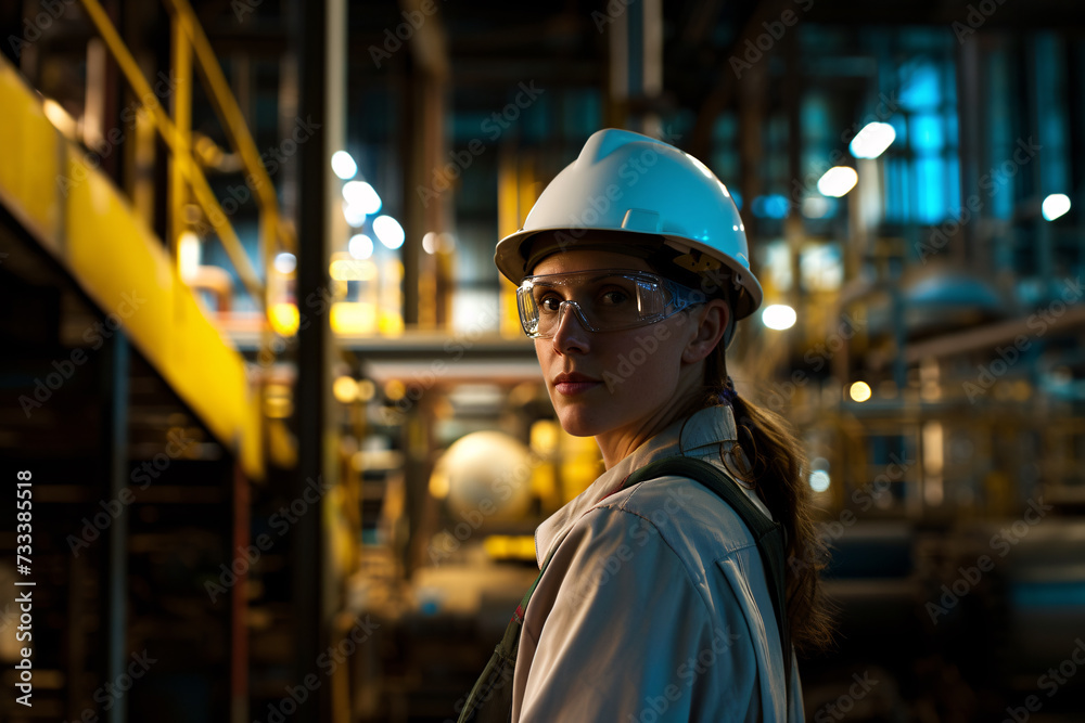 Portrait of female industrial engineer, with white hard hat standing in a heavy industrial factory. Portrait of female industrial engineer, with white hard hat standing in a heavy industrial factory.