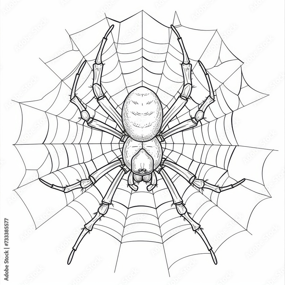 Fototapeta premium A spider on a web, an insect. Black and white coloring book.