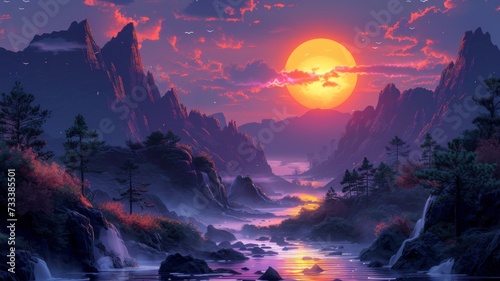Enchanting landscape with silhouetted mountains against a vivid sunset sky, reflecting in a serene river
