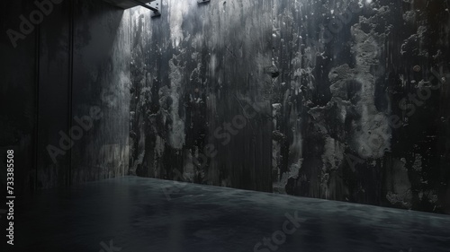 A dark, weathered wall in an industrial setting, with a smooth floor