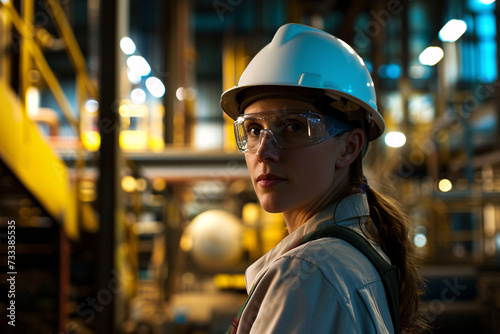 Portrait of female industrial engineer, with white hard hat standing in a heavy industrial factory.