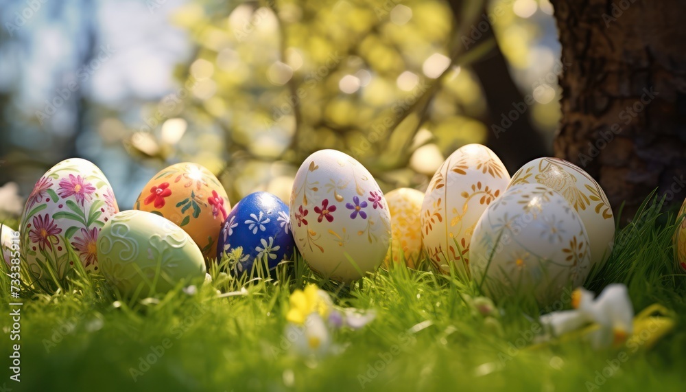 Gold Easter eggs with spring pattern theme on Beautiful Spring Foliage and Green Grass background Gold Easter eggs with spring pattern theme on Beautiful Spring Foliage and Green Grass background