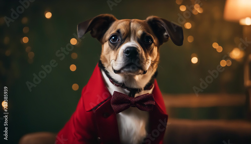 Dog portrait. A dog in red clothes on a blurred bokeh background with highlights. AI generated