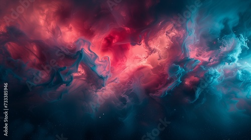 Vivid splashes of electric magenta and cosmic teal converging in fluid motion  forming a vivid and captivating abstract expression on a backdrop of rich cosmic black. 