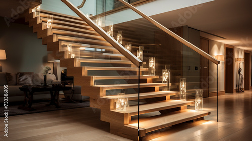 An expansive light oak staircase with glass sides, creating a stunning visual connection in a luxurious, well-lit space.