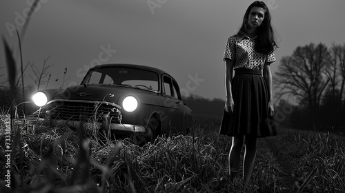 Inspired by a 1960s thriller movie, showing a woman standing beside her broken-down car in a field photo