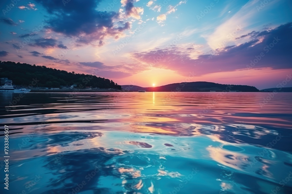 The sun as it sets over a serene body of water, creating a beautiful reflection and colorful sky.