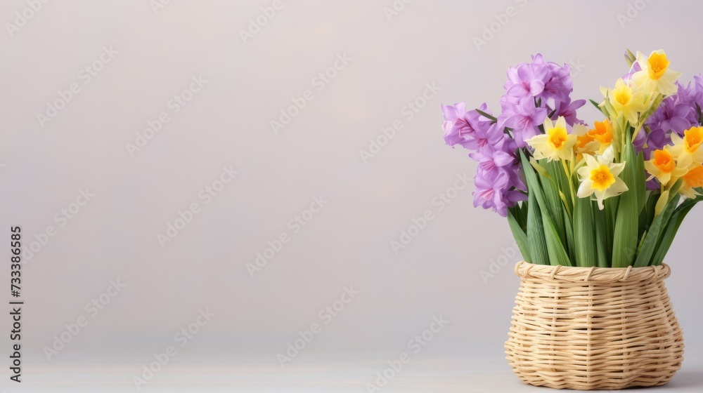 background, beige, pastel, beautiful, march 8, easter, spring, basket, flowers, composition, floral, daffodils, yellow. neutral background, bouquet, congratulations, gift, mother's day, bright, flower
