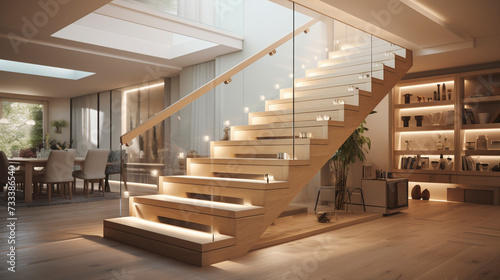 An inviting light ash wood staircase with transparent glass balustrades, subtly lit by LED lighting under the handrails, in a bright, contemporary home.