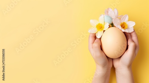 Easter background, close-up, children's hands hold a Pascal egg and spring flowers in their palms on a beige background, copy space photo