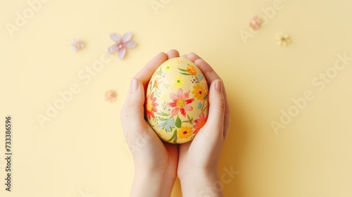 girl's hands holding a hand-painted Easter egg on a yellow background, Easter holiday concept