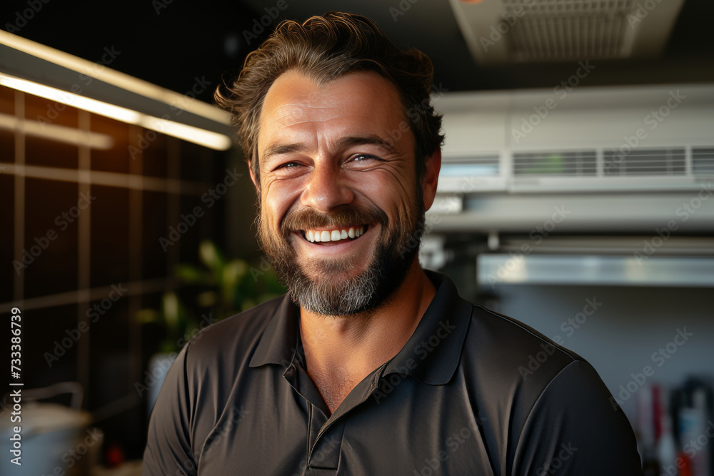 Obraz premium Attractive tanned man with bright smile posing in air-conditioned indoor setting