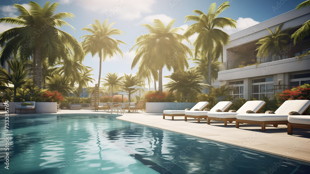 Crystal clear pool, modern sun loungers and lush palm trees under a bright blue sky. Generative AI.