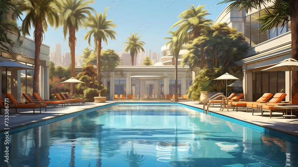 Crystal clear pool, modern sun loungers and lush palm trees under a bright blue sky. Generative AI.