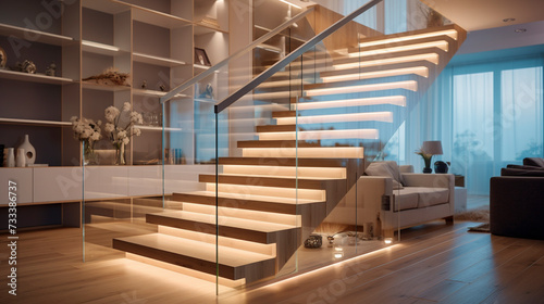 An inviting light birch wood staircase with transparent glass railings, subtly illuminated by LED lighting under the handrails, in a luminous, open home.